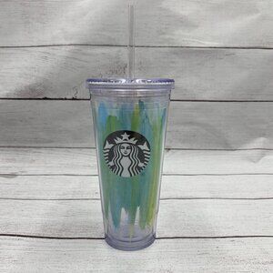 Starbucks 2017 Cold Cup 20oz Tumbler Mint Green Blues Brush Strokes w/Straw